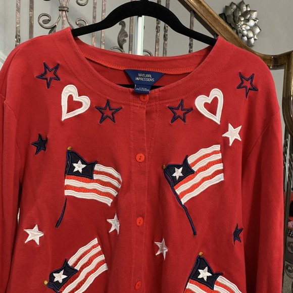 Natural Impressions Large Cardigan Sweatshirt Flag Red White Blue Button Up - Picture 2 of 6